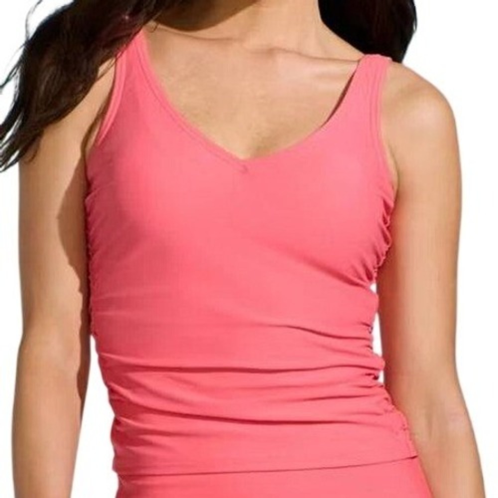 Lands End V Neck Shirred Tankini Top 14 Coral Pink Swim Beach Slimming Ruched